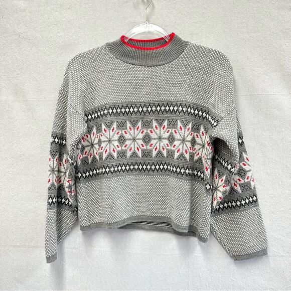 Vintage 80s Brunny Nordic fair isle tight knit mock neck sweater Size Small - Picture 2 of 16